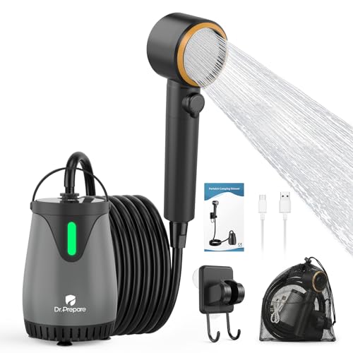 Ducha portátil para exteriores DR.PREPARE, bomba impermeable IPX8, batería recargable 8000mAh, 3 modos de rociado, flujo fuerte de 1.59 GPM, cabezal de ducha portátil para camping, lavado de autos y playa