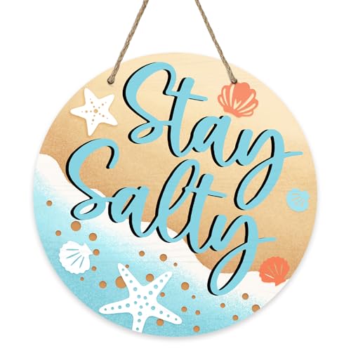 Bolisom Spring Summer Stay Salty Sea Front Door Sign, Beach Coastal Starfish Wood Door Hanger Outdoor Outside Porch Decor, Shell Pearl Nautical Seasonal Wooden Wreath Indoor Wall Hanging Decoration