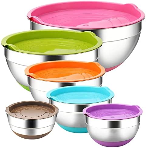 REGILLER Stainless Steel Mixing Bowls with Airtight Lids , 6 Piece Colorful Silicone Flat Base Nesting Metal Bowls, Measurement Lines for Cooking Supplies(Colorful)