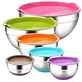 REGILLER Stainless Steel Mixing Bowls with Airtight Lids , 6 Piece Colorful Silicone Flat Base Nesting Metal Bowls, Measurement Lines for Cooking Supplies(Colorful)