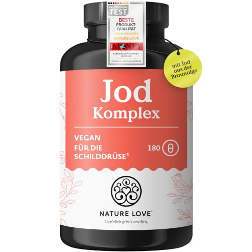 NATURE LOVE® Jod Komplex für die Schilddrüse - 180 Kapseln - mit Jod, Selen, L-Tyrosin, Vitamin B & D - Alternative zu Jod Tabletten - 6 Monate Reichweite - hochdosiert, vegan & laborgeprüft