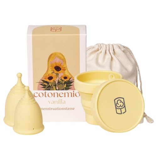 Cotonemio Vanilla – XS & S Coppetta Mestruale in 100% Silicone Medico con Sterilizzatore e Sacchetto in Cotone | Kit Coppetta Riutilizzabile, Senza BPA, Fino a 12 Ore di Protezione