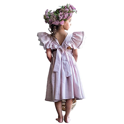 Mdycw 100% Cotton Linen Dress For Toddler Baby Girl Age 0-7 Years, Ruffle Sleeveless Backless Summer Casual Dresses, Pink #TOP7