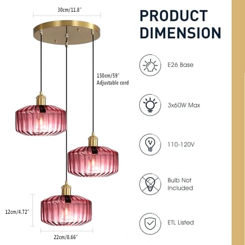 Image of 3-Light Purple Ribbed Glass Cluster Pendant Light, Mid Century Modern Gold Multi-Pendant Ceiling Lamp, Adjustable 59 inch Cord E26 Chandelier for Kitchen Island Dining Room