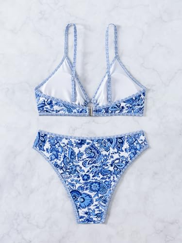 Image of Fanuerg Women's Triangle Bikini Sets O Ring Linked Two Piece Swimsuits Floral Printed Cheeky Bathing Suit