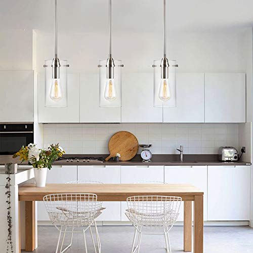 T&A Talent And Art T&A Brushed Nickel Kitchen Island Light,Clear Glass Shade Mini Cylinder Pendant Light #TOP1