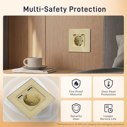 BSEED USB Steckdose Golden - Schuko Mit USB Anschluss (Max. 2.1A) Unterputz Glas Schutzkontakt-Ladeger&auml;t F&uuml;r Handys, Laptops Etc