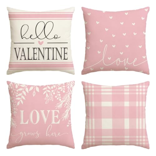 AVOIN colorlife Valentine's Day Pink and White Love Throw Pillow Covers, 18 x 18 Inch Hello Valentine Plaid Wedding Cushion Case Decoration for Sofa Couch Set of 4