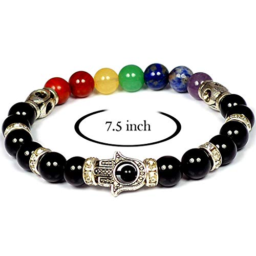 Image of Reiki Crystal Products Certified Natural Crystal Stone 7 Chakra with Hamsa 8 mm Round Beads Bracelet for Men & Women | Reiki Charged Gemstone Bracelet | Multiple Stone Variants Available