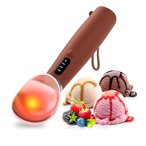 Heated Ice Cream Scoop Rechargeable, IP67 Waterproof Electric Warming Ice Cream Scooper with LED Display, Heats to 70°C for Hard Ice Cream, Easy for Seniors & Kids (Brown)