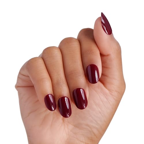 Image of Kiss Impress No Glue Mani Press On Nails Kit, Over You, 30 Red Peel and Stick Nails, Super Slim Short Squoval, Glossy Gel Finish, PureFit Technology, Includes Prep Pad, Manicure Stick & Mini File