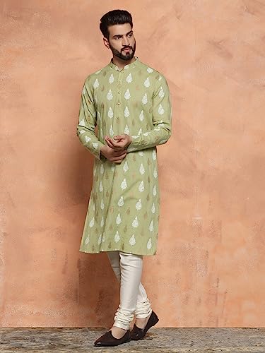 Image of KISAH Men Green and White Kurta, Cotton, Full Sleaves, Knee Length, Straight, Regular Fit, Mandarin Collar Ethnic wear
