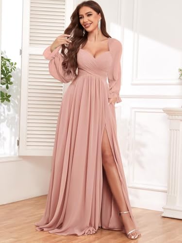 VCCICANY Long Sleeve Bridesmaid Dresses for Women Chiffon Pleated Formal Evening Gowns with Slit3