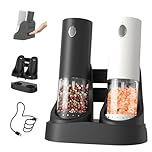 CIRCLE JOY Electric Rechargeable Salt and Pepper Grinder Set with 6 Levels External Adjustable Coarseness, 95ml Large Capacity, Easy-to-Carry Dual Charging Base and LED Light, Black & White