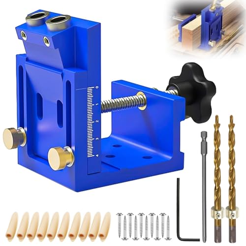 Adjustable Kit d'outils de Gabarit de Percage Oblique pour Menuiserie, Bleu Amovible Pocket Hole Jig, Avec 2 Forets de 9 mm, pour le Travail du Bois et la...