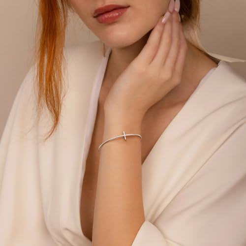 GoldGifts Dainty Cross Cuff Bracelet for Women, Silver Minimalist Simple Open Bangle, Thin Wire Lightweight Non Tarnish Hypoallergenic Christian Faith Jewelry by GoldGifts - Used condition - Image 3