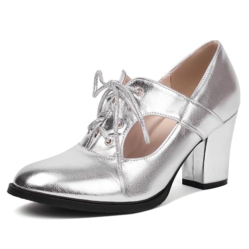Chaussures femme talon carré Lizoleor argentées bout rond fermé à lacets