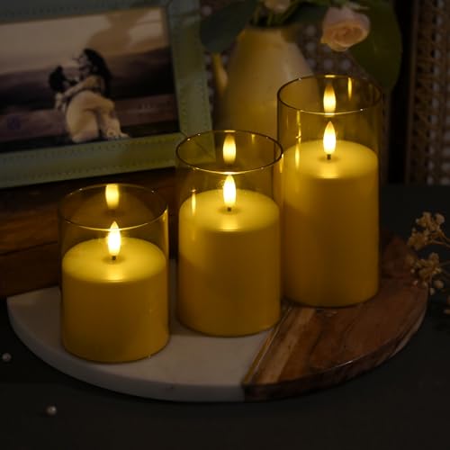 Image of Amazon Basics Flameless LED Candles with Remote Controller & Timer | Golden Acrylic Fiber Glass | Set of 3 | (Golden)