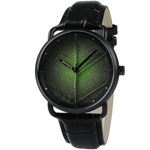 Holzwerk Germany Men's Watch Women's Watch Unisex Natural Bracelet Watch Analogue Quartz Watch Black Green with Leaf Dial, Green, Strap.