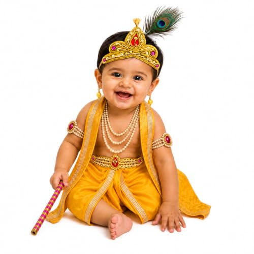 Image of ITSMYCOSTUME Krishna Dress for Baby Boy Kids Set of 10(Dhoti,Patka,Hip Cover,Mukut,Morpankh,Bansuri,Kamarband,Bajuband,Kundal) Little Krishna Ji Kanha Janmasthmi Costume for Kids