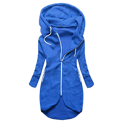 Auifor Damen Kapuzenjacke, Herbst Winter Winddichte Lang Mantel Übergangsjacke Wintermantel Reißverschluss Große Größen Slim Einfarbig Sweatjacke Überzieher langjacken Outwear(Blau,XL) Cover