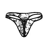 qudang Herren String Tanga Transparent Spitzen Slip Sexy Stickerei Unterwäsche Männer Erotik Unterhose Sissy Dessous G-String T-Back Reizwäsche （Schwarz，Einheitsgröße