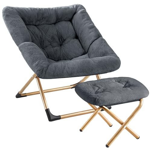 Youtanic Comfy Oversized Saucer Chair with Ottoman,Soft Faux Fur Reading