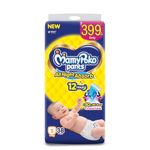 Image of MamyPoko Pants All Night Absorb Baby Diapers, Small (S), 38 Count 4-8 Kg
