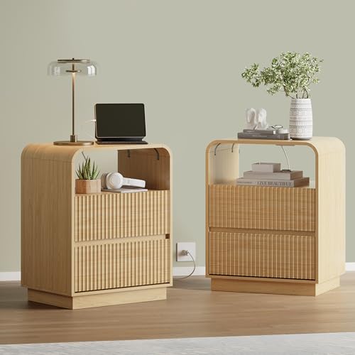 Image of Wodeer Natural Oak Nightstand with Charging Station, Mid Century Modern Bedside Table & End Table, Fluted Wood Small Night Stand with 2 Hidden Drawers and Storage Shelf for Bedroom