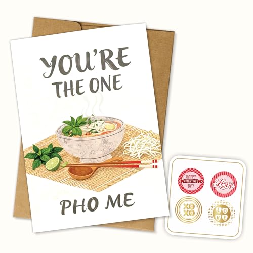 (5.3x8in) Valentine’s Day Card with Pho Bowl, Vietnamese Food Pun Greeting Featuring Cozy Noodle, Playful Romantic Stationery for Boyfriend Girlfriend Husband Wife, Blank Inside with Envelope (Vlt10)