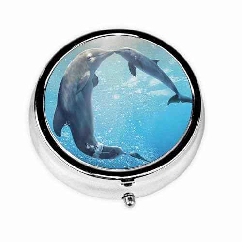 IBILIU メディシンピルケース イルカ ママと赤ちゃん ブルーオーシャン ポータブルピルボックス ポケットメタルメディシンビタミンオーガナイザー 3コンパートメント