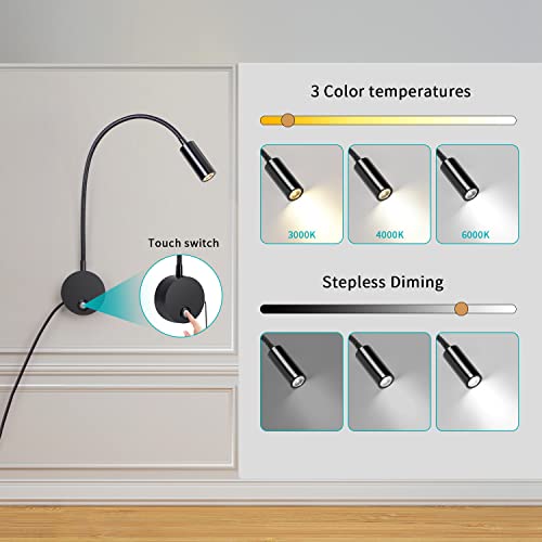 ERWEY Reading Lamp Wall Mounted, LED Wall Lamp Bedside Lamp with Switch Touch Dimmable and USB Charging Port, Bed Reading Light 360° Swivel Gooseneck Lamp with Plug and Cable for Bedroom, Black - Cosy Home Interiors ERWEY Reading Lamp Wall Mounted, LED Wall Lamp Bedside Lamp with Switch Touch Dimmable and USB Charging Port, Bed Reading Light 360° Swivel Gooseneck Lamp with Plug and Cable for Bedroom, Black - Image 4