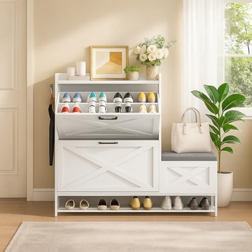 DWVO Farmhouse Shoe Cabinet Bench with 2 Flip Drawers for 16 Pairs, Chic Entryway Bench and Rustic Design for Living Rooms and Hallways (White)