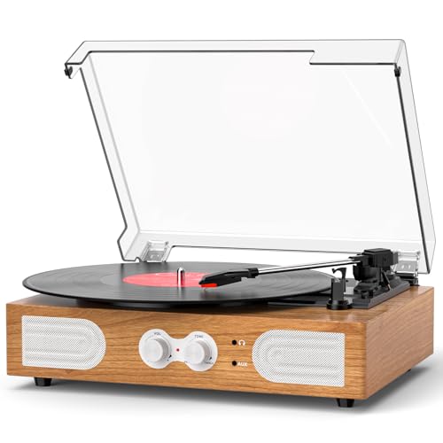 Image of Vinyl Record Player with Built-in Speakers 3-Speed Vintage Record Player Support Treble& Bass Control, 3.5mm Headphone Jack, RCA-Out /Aux in, Belt-Driven LP Turntable,Natural Wood