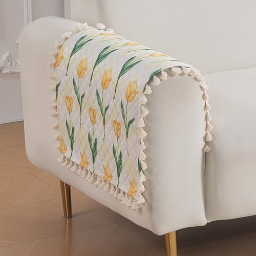 Image of HOKIPO Tulip Blossom Quilted Sofa Armrest Cover Mat - 1 Pair | 'Tassel Twigs' Series (IN-987-T4*2)