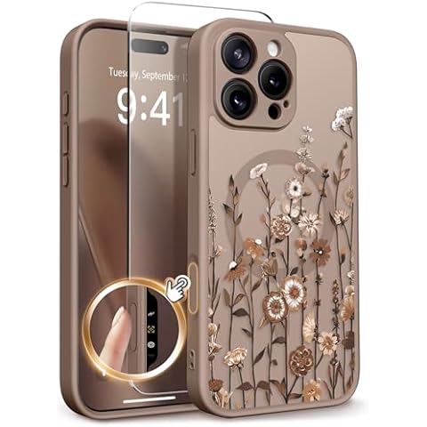 GVIEWIN for iPhone 16 Pro Case Compatible with MagSafe, [Military Grade Protection] [Screen Protector] Full Camera Protection Floral Translucent Women Magnetic Phone Case, Floratopia/Brown Cover