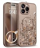 GVIEWIN for iPhone 16 Pro Max Case Compatible with MagSafe, [Military Grade Protection] [Screen Protector] Full Camera Protection Floral Translucent Women Magnetic Phone Case, Floratopia/Brown
