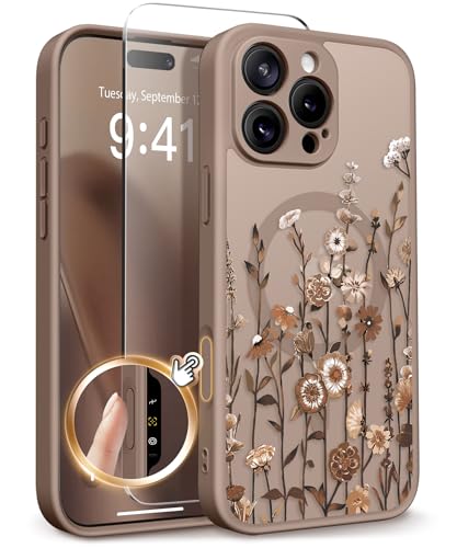 GVIEWIN for iPhone 16 Pro Max Case Compatible with MagSafe, [Military Grade Protection] [Screen Protector] Full Camera Protection Floral Translucent Women Magnetic Phone Case, Floratopia/Brown