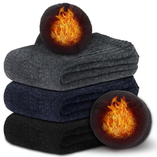 [PALAME] 靴下 メンズ 冬 防寒 厚手【38℃極めた暖かさ・極厚雲感裏パイル・ウール素材】 3足/5足セット ソックス 保温 暖かい 柔らかい 吸汗 抗菌 防臭 伸縮性 耐久性 室内 アウトドア スポーツソックス 男性 25-29cm (3足組-ブラック+ダークグレー+ネイビー)のサムネイル