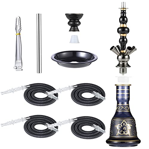 Complete Hookah Set - 4 Hose Shisha Set with Glass Vase, Ceramic Bowl, Coal Tongs & Ashtray for Better Smoking (Black) - Image 6