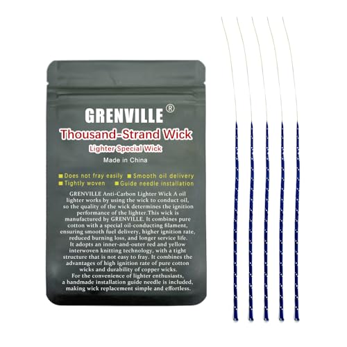 Premium Lighter Wick for Zippo & Most Kerosene Lighters - Anti-Fraying, High Ignition Rate, Long-Lasting, Needle-Install Design, High-Tech Accessory (5 Blue Wicks)