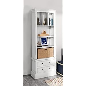 Sunset Trading Cottage 79 Tall Storage Cabinet Fully Assembled Freestanding 14 Narrow Bookshelf 6 Shelves 2 Drawers Rattan Basket Distressed White Solid Mahogany Wood