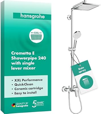 hansgrohe Crometta E - sistema de ducha con grifo monomando, ducha lluvia (240 x 240 mm) con grifo, ducha de mano (2 tipos de chorro), flexo, barra, ducha fija rectangular, cromo, 27284000