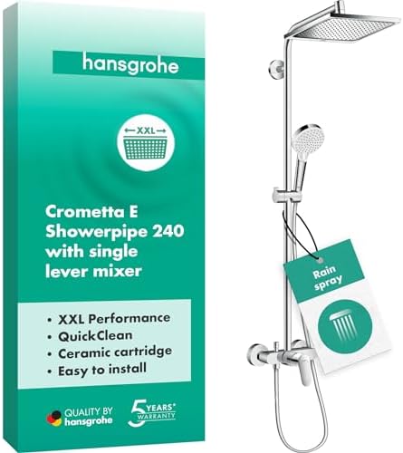 hansgrohe Crometta E - Duschsystem mit Einhebelmischer, Regendusche (240 x 240 mm) mit Armatur, Handbrause (2 Strahlarten), Schlauch, Brausestange und eckiger Kopfbrause (1 Strahla