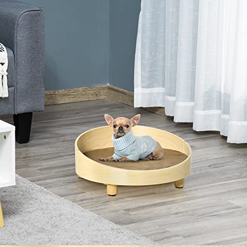 PawHut Hundesofa aus Ratten Erhöhtes Haustiersofa mit Kissen Katzensofa Hundebett Haustierbett Hundeschlafplatz für minimale Hunde waschbarer Bezug Holzbeine Natur+Hellbraun Ø59 x 23,5 cm