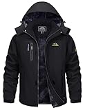 TACVASEN Fleece Jacket Mens Waterproof Hiking Jacket Winter Skiing Jacket Waterproof Rain Jacket with Hood Camping Jacket Fleece Outdoor Jacket Softshell Work Jacket Waterproof Mountain Jacket Black