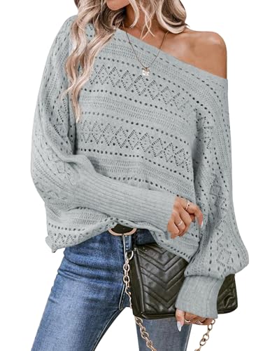 Image of Cakulo Womens Off Shoulder Sweater Top Fall Outfits Fashion 2025 Oversized Knit Batwing Long Sleeve Crochet Pullover Sweaters
