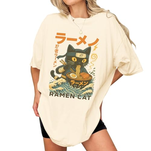 Ramen Cat Anime Ninja Japanese Graphic T-Shirt - Funny Cat Eating Ramen Japanese Art Shirt for Women- Vintage Japan Art Outfit - Anime Retro Clothing for Women (Ivory-L)