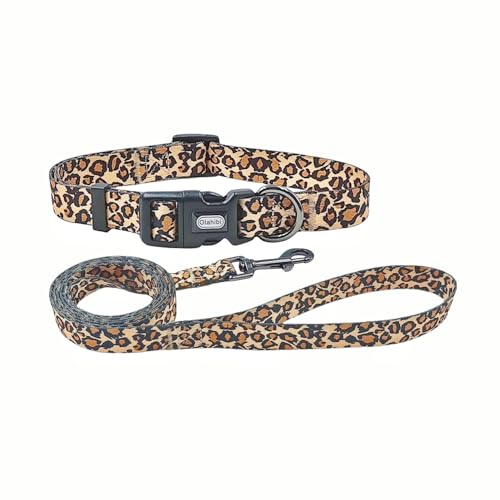 Olahibi Set di guinzaglio per cani di piccola taglia, motivo leopardato, in poliestere, collare regolabile e guinzaglio abbinato da 1,5 m, per cani di piccola taglia (S, marrone leopardato)