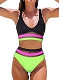 Hilinker Bikini Sets for Women Colorblock Mesh Patchwork High Wasited 2 Piece Swimsuit Black Green Small